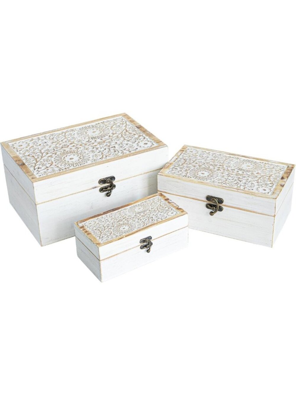 Rustic Farmhouse Decorative Wooden Boxes Set of 3 | Hinged Lid Floral Design